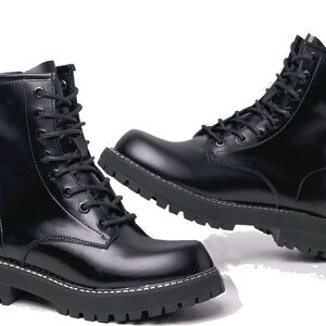 Glossy Black Lace-Up Ankle Boots